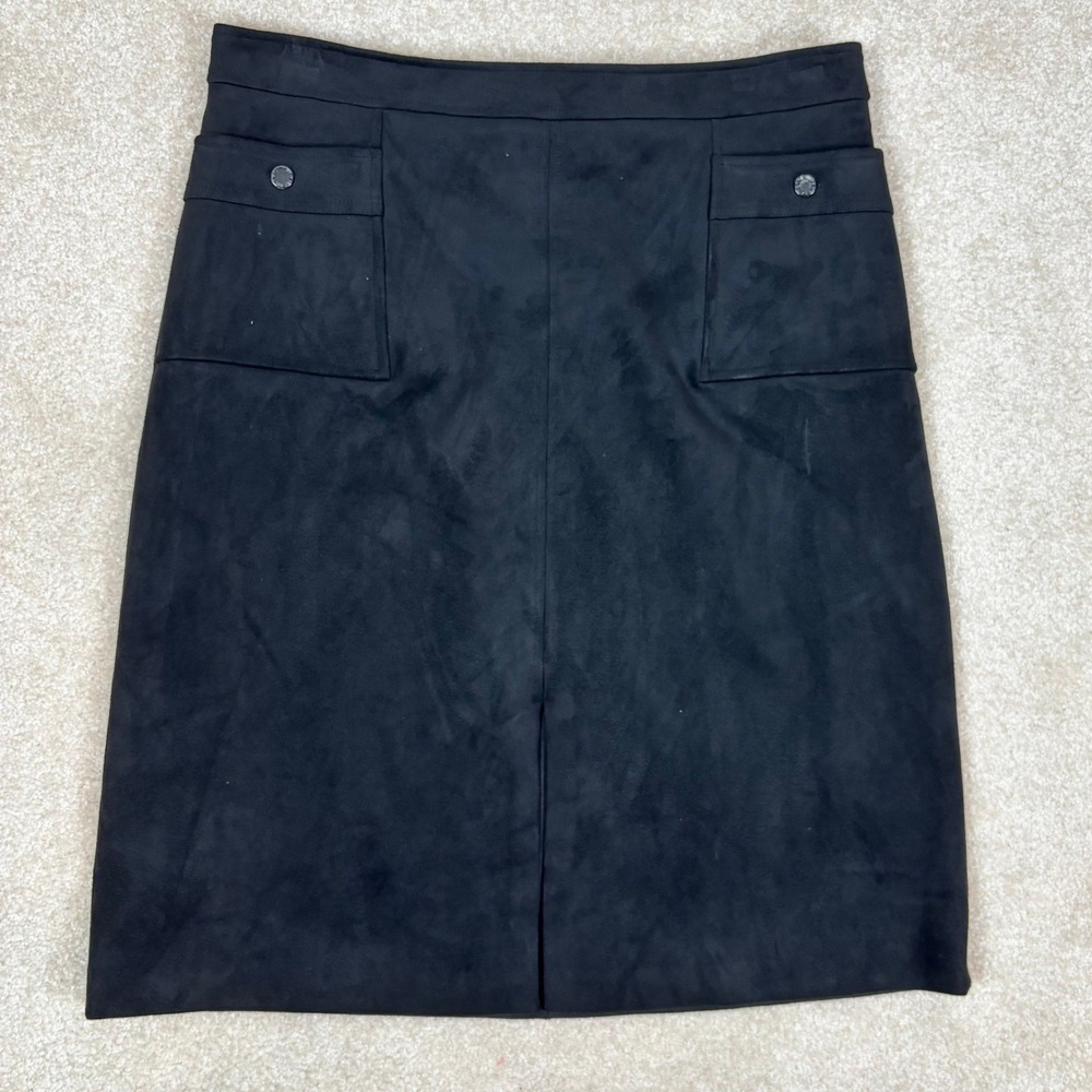 Karl Lagerfeld Paris Black Faux Suede Knee Length‎ Skirt Womens 12 Snap Pockets